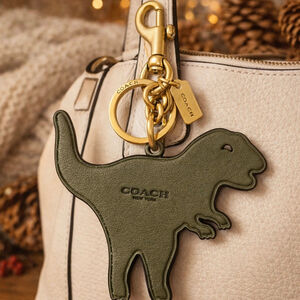 Coach Olive Green Leather Rexy Dinosaur Keychain with Gold Accents